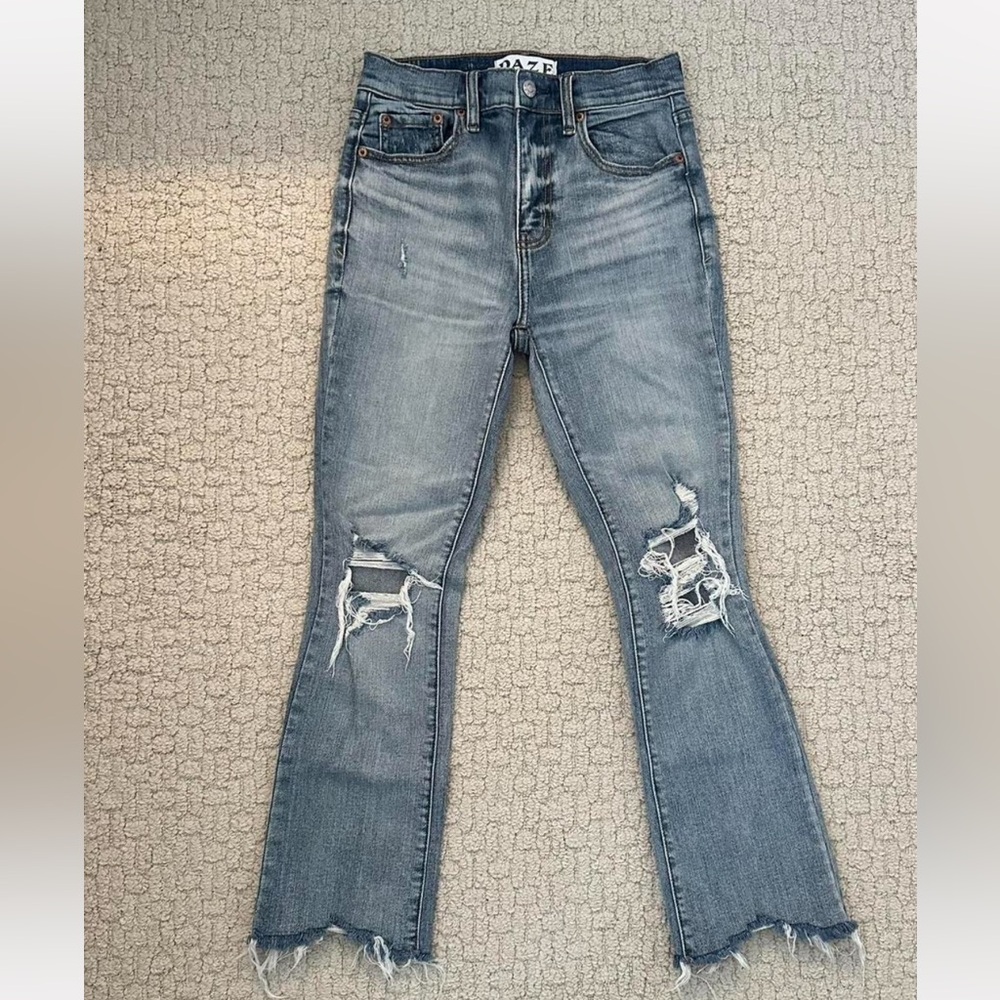 DAZE Crop Flare Distressed Light Blue Jeans